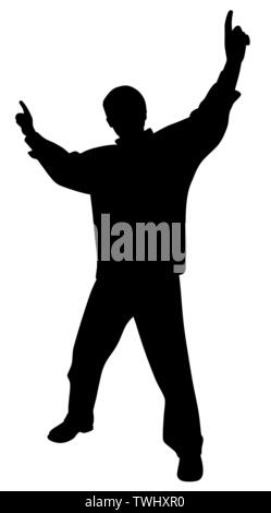 Homme heureux des succès à célébrer la victoire ou acclamer avec mains pointant l'index vers le haut Illustration de Vecteur