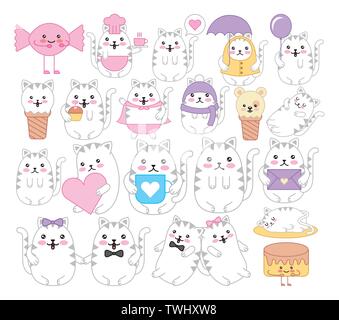 Jeu de chats et émoticônes personnages kawaii Illustration de Vecteur
