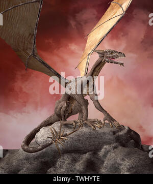 Gravure de dragon légendaire dans un ciel rouge Banque D'Images