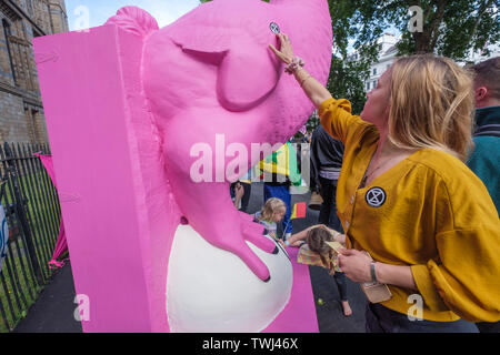 Londres, Royaume-Uni. 20 juin 2019. La rose géant Dod obtient une rébellion Extinction autocollant à l'extérieur partie le Musée d'histoire naturelle qui a été l'hôte du dîner annuel du groupe pétrolier de la Société géologique, célébrant leur exploration des combustibles fossiles. Le parti, ouvert par 10 ans, Elsie Luna qui avait essayé d'obtenir le musée d'annuler l'événement. Crédit : Peter Marshall/Alamy Live News Banque D'Images