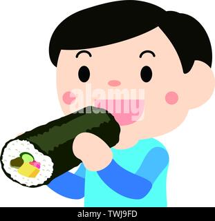 C'est une illustration d'une personne qui mange Sushi roll appelé Rouleau Eho. Illustration de Vecteur