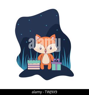 Cute fox avec gâteau d'anniversaire et boîte-cadeau vector illustration design Illustration de Vecteur