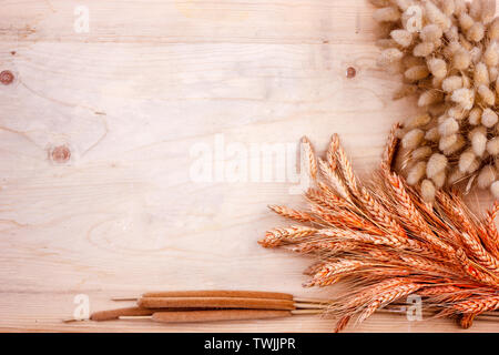 Oreilles grain séché et de roseaux sur table en bois. Chasse d'automne de pain Banque D'Images