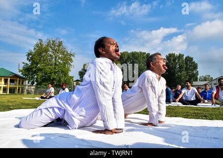 Srinagar, au Cachemire. 21 Juin, 2019. Les participants effectuent au cours de yoga Yoga en masse sur une session de Yoga International Day à Srinagar, au Cachemire. Des centaines de praticiens de Yoga ont participé à des cours de yoga pour marquer la Journée internationale de yoga Yoga à Srinagar. Le Yoga, la journée est célébrée chaque année le 21 juin depuis sa création en 2015. Credit : SOPA/Alamy Images Limited Live News Banque D'Images