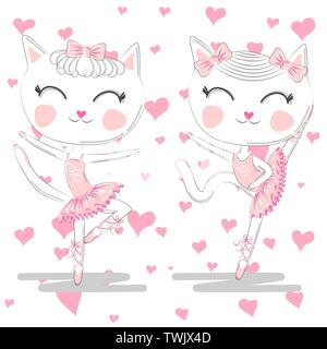 Hand drawn belle paire de ballerine blanche cute cats en ballet tutu rose et pointe Illustration de Vecteur