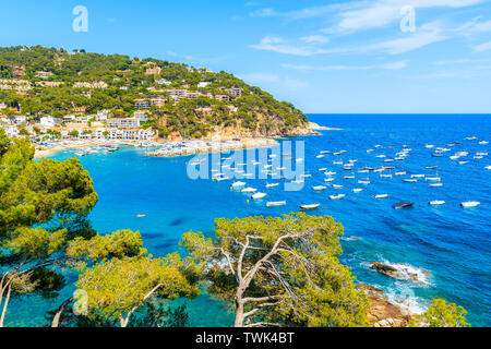 Magnifique baie avec des bateaux sur la mer et vue sur le village de Llafranc, Costa Brava, Espagne Banque D'Images