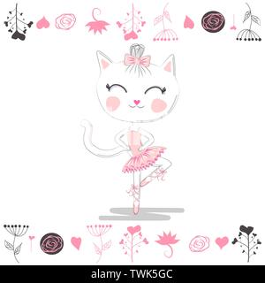 Cute cat danse ballerine dans le tutu. Cartoon hand drawn Illustration de Vecteur