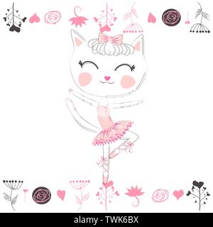 Cute cat danse ballerine dans le tutu. Cartoon hand drawn Illustration de Vecteur