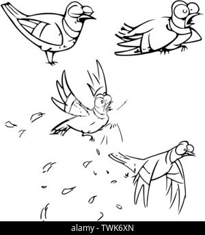 Sur vector illustration funny cartoon oiseau dans diverses poses. Faites un contour noir, dans le style d'un sketch, isolé sur un fond blanc. Illustration de Vecteur