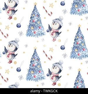 Motif de Noël transparente avec les oiseaux, pingouins, arbre, flocons de neige, des branches. Dessiné à la main à l'aquarelle Banque D'Images