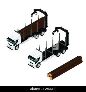 Beaucoup de détails réalistes de chargement du camion d'exploitation forestière bois de sciage vue isométrique isolé sur fond blanc Illustration de Vecteur