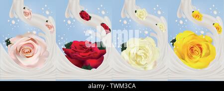 3D réaliste avec des éclaboussures de lait rose close-up. De belles roses jaune, rouge, blanc et beige. Vector illustration. Des éclaboussures de lait et de roses. Illustration de Vecteur