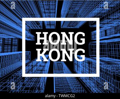 Hong Kong est une ville de gratte-ciel. Vector illustration dans le style de dessin sur un fond noir. Vue sur les gratte-ciel ci-dessous Illustration de Vecteur