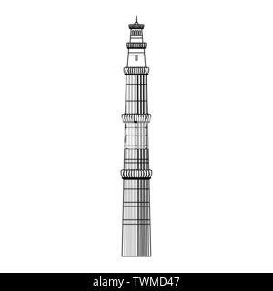 L'Inde qûtb minâr symbole bâtiment isolé dans le noir et blanc Illustration de Vecteur