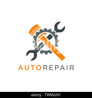 Réparation Auto logo design avec le piston et la clé à l'intérieur d'une vitesse Illustration de Vecteur