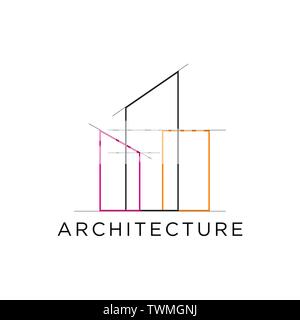 Architecture bâtiment aperçu immobilier logo avec la ligne de grille Illustration de Vecteur