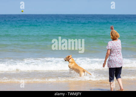 Cornwall, Angleterre, Royaume-Uni. Météo France : Vendredi 21 juin 2019. Lumière du soleil chaude arrive sur les parties du Royaume-Uni y compris Harlyn Bay à Cornwall comme ces visiteurs plage découverte. Credit : DGDImages/Alamy Live News Banque D'Images