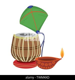 Tambour tabla indien avec bougie d'huile et de kite Illustration de Vecteur