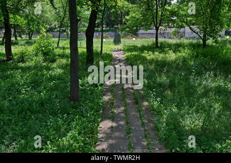 Complexe archéologique Abritus dans ville actuelle Razgrad avec fragment de mur de château et monument d'Annie Javasov la Bulgarie, Europe Banque D'Images