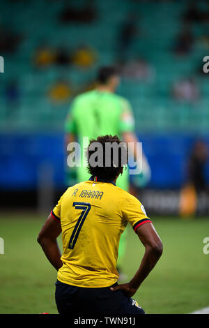 Salvador, Brésil. 21 Juin, 2019. L'Équateur Romario Ibarra réagit au cours de la match du groupe C entre le Chili et l'Équateur à la Copa America 2019, tenue à Salvador, Brésil, 21 juin 2019. Credit : Xin Yuewei/Xinhua/Alamy Live News Banque D'Images