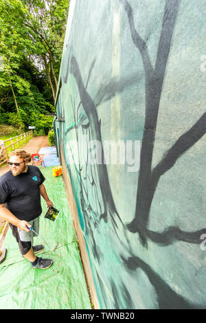 Artiste Jim Vision. Création d'une grande fresque murale avec un thème d'histoire naturelle. Peint par arts cooperative EndoftheLineLDN à Puzzlewood. Banque D'Images