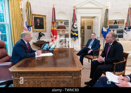 Washington, États-Unis d'Amérique. 18 Juin, 2019. Le président Donald J. Trump se réunit avec le maire de San Diego, Californie Kevin Faulconer Mardi, 18 juin 2019, dans le bureau ovale de la Maison blanche : le Président Donald Trump, maire Kevin Faulconer : Tempête Crédit Media Group/Alamy Live News Banque D'Images