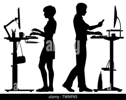 Silhouettes vecteur modifiable d'un homme et une femme travaillant au bureau permanent d'un bureau avec tous les éléments en tant qu'objets séparés Illustration de Vecteur