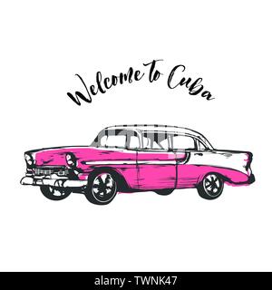 Illustration vectorielle vintage - encre dessin main d'une voiture rétro. Bienvenue à Cuba Illustration de Vecteur