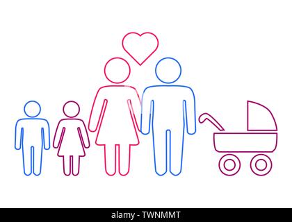 Une représentation schématique d'une famille hétéro couple homme et femme avec des enfants, l'icône Illustration de Vecteur