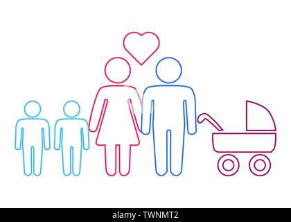 Une représentation schématique d'une famille hétéro couple homme et femme avec des enfants, l'icône Illustration de Vecteur