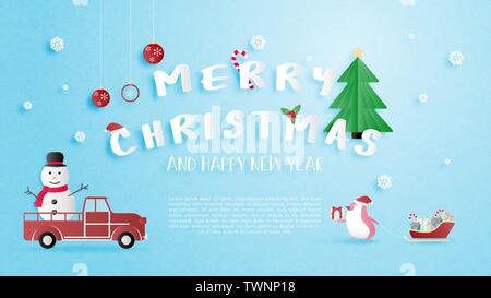 Joyeux Noël et Bonne année carte de voeux en papier coupé style. Illustration Vecteur de Noël arrière-plan. Bannière, flyer, affiche, wall Illustration de Vecteur