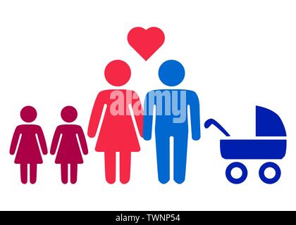 Une représentation schématique d'une famille hétéro couple homme et femme avec des enfants, l'icône Illustration de Vecteur