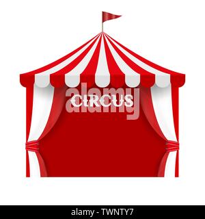 Tente de cirque Poster Background Vector Modèle. Rayures rouges et blanches, rayées, Canopy Illustration de Vecteur