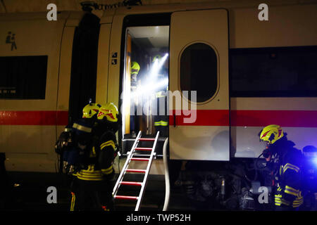 Goldisthal, Allemagne. 22 Juin, 2019. Les forces d'urgence "sauvetage" d'un blessé en train ICE le Fleckberg au cours d'un exercice d'urgence du tunnel. Ils ont répété l'opération de sauvetage sur la glace après une tempête de ligne occupée par 300 personnes avaient arrêté au milieu du tunnel après un arrêt d'urgence et avaient développé à partir d'un incendie de transformateur en un incendie. Environ 1500 travailleurs de sauvetage, extras et pasteurs ont été directement impliqués dans la mission de l'exercice. Credit : Bodo Schackow Zentralbild-/dpa/dpa/Alamy Live News Banque D'Images
