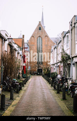 Ruelle pavée étroite dans un quartier traditionnel de Hollande à Haarlem, Pays-Bas. Cathédrale de briques s'appuyant sur un arrière-plan. Dans l'après-midi froid nuageux Banque D'Images