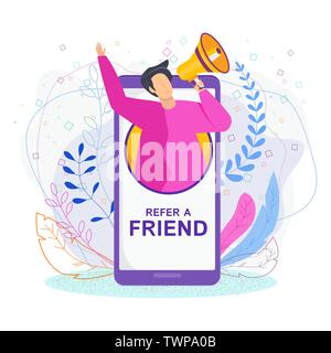 Inviter un ami concept. Stratégie de marketing pour attirer de nouveaux clients. Illustration de Vecteur