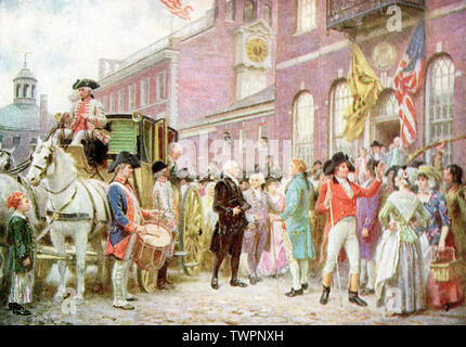 Cette peinture de George Washington's Deuxième inauguration (4 mars 1793) est par J.G. Ferris, un artiste américain décédé en 1930. Il a fallu pl;ace à Salle des Congrès de Philadelphie. Washington a été le premier président des États-Unis et a été élu pour un second mandat de quatre ans. Banque D'Images