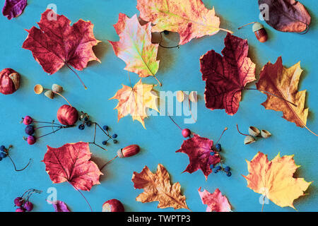 Automne feuilles décolorées colorés, de glands, de châtaignes, noix sur fond bleu. Vintage toile rustique. Concept de la chute des feuilles, automne, saison Banque D'Images