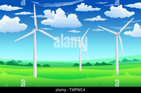 Les générateurs du vent blanc mills, éolienne sur champ vert, l'énergie éolienne eco concept Illustration de Vecteur