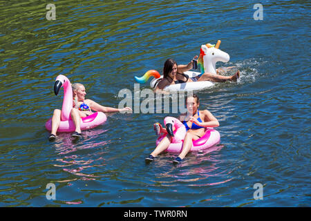 Iford, Dorset, UK. 22 juin 2019. Un temps magnifique, ensoleillé et chaud, toujours pour Dorset Canot Journée avec des centaines de jeux gonflables, des dériveurs, artisanat, conseils formant une flottille, de mettre les voiles de l'IFORD pont rivière Stour de Tuckton bridge. L'événement a commencé en 2014 comme un petit peu de plaisir, mais est maintenant devenu un événement annuel recueillant des fonds pour des organismes de bienfaisance et fonceur plus grand chaque année. Les jeunes femmes s'amusant sur unicorn gonflables gonflables gonflables et flamant rose flamants. Credit : Carolyn Jenkins/Alamy Live News Banque D'Images