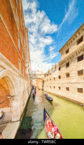 Les touristes en gondoles passant à Rio di Palazzo canal d'eau typique de Venise, sous le célèbre Pont des Soupirs, peinture illustration Banque D'Images