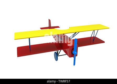 Avion, jouet en bois coloré, rendu 3D, sur fond blanc Banque D'Images