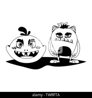 Monstres drôles personnages de bande dessinée couple vecteur illustration design monochrome Illustration de Vecteur