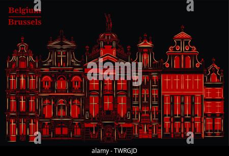 Grand Place à Bruxelles, Belgique. Vue de la Belgique. Vector illustration dessin à la main de couleur rouge isolé sur fond noir. Illustration de Vecteur