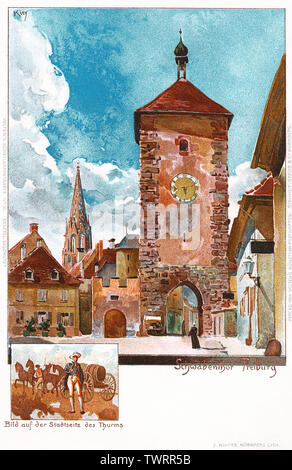 Carte postale vintage de porte Schwabentor (Jura souabe) à Freiburg im Breisgau, Bade-Wurtemberg, Allemagne. En 1900 Ajouts à l'édifice a considérablement modifié son apparence. Banque D'Images