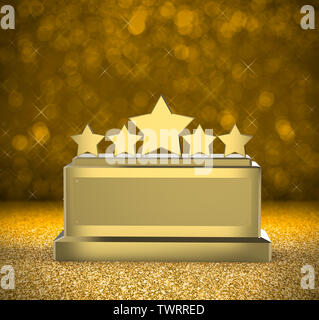 Le rendu 3D de cinq étoiles d'or sur trophée gold glitter background Banque D'Images