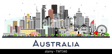 L'Australie sur les toits de la ville avec des bâtiments gris isolé sur blanc. Vector Illustration. Concept du tourisme avec l'architecture historique. L'Australie paysage urbain. Illustration de Vecteur