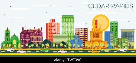 Cedar Rapids Iowa City Skyline avec bâtiments de couleur et de ciel bleu. Vector Illustration. Illustration de Vecteur