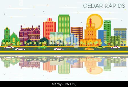 Cedar Rapids Iowa City Skyline avec les bâtiments, de couleur bleu ciel et les réflexions. Vector Illustration. Illustration de Vecteur