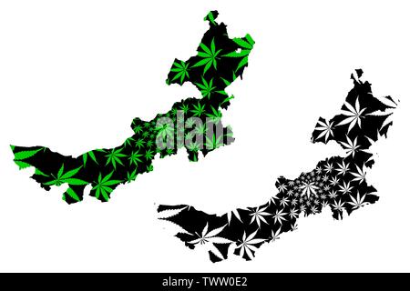 Région Autonome Mongol de Nei (Chine, République populaire de Chine, RÉPUBLIQUE POPULAIRE DE CHINE) La carte est conçue de feuilles de cannabis vert et noir, la carte de la Mongolie intérieure faite de mariju Illustration de Vecteur